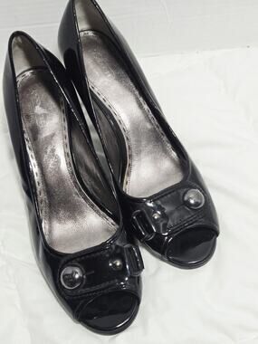 Coach Sz 11 Dorita Soft Patent Black Open Toe Heels Pumps Y2k Retro Evening